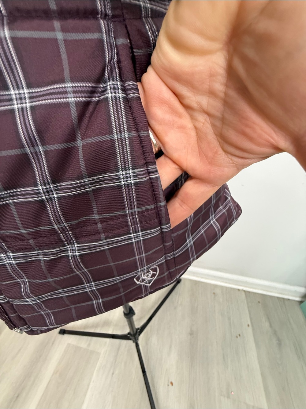 Ariat Plaid Quilted Puffer Vest - Burgundy with Gray - Picture 6 of 16